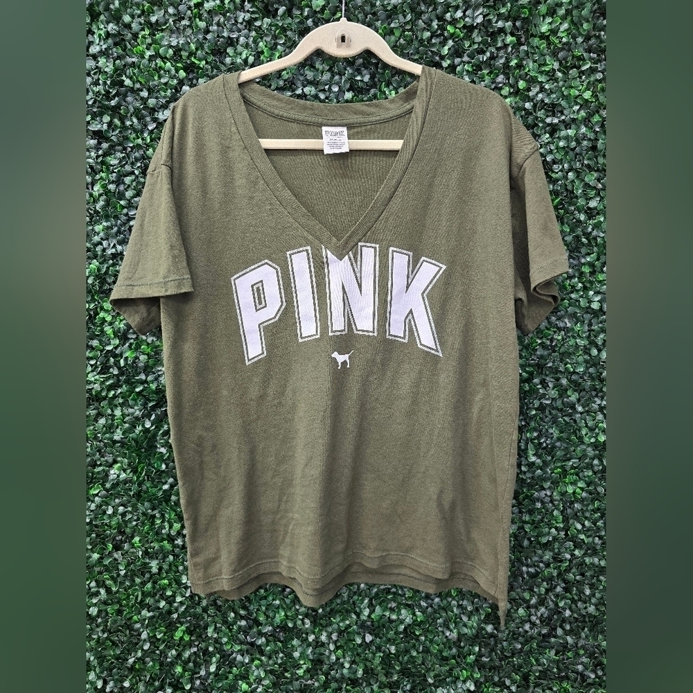 PINK Brand Large T-shirt green white lettering w/silver trim.
